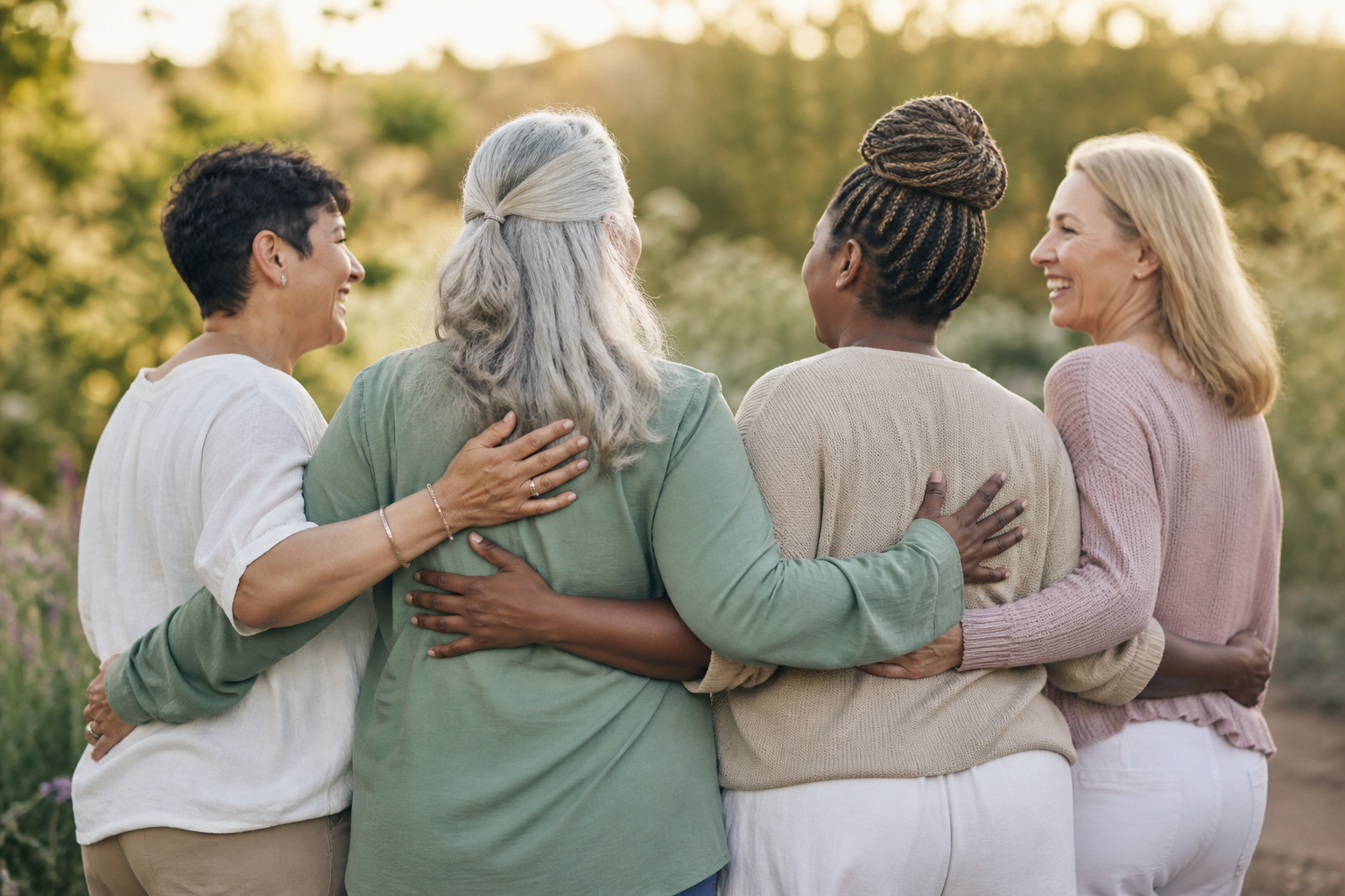 A diverse group of women sharing a supportive moment outdoors